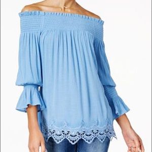 Navy One Hart Off-the Shoulder Peasant Top